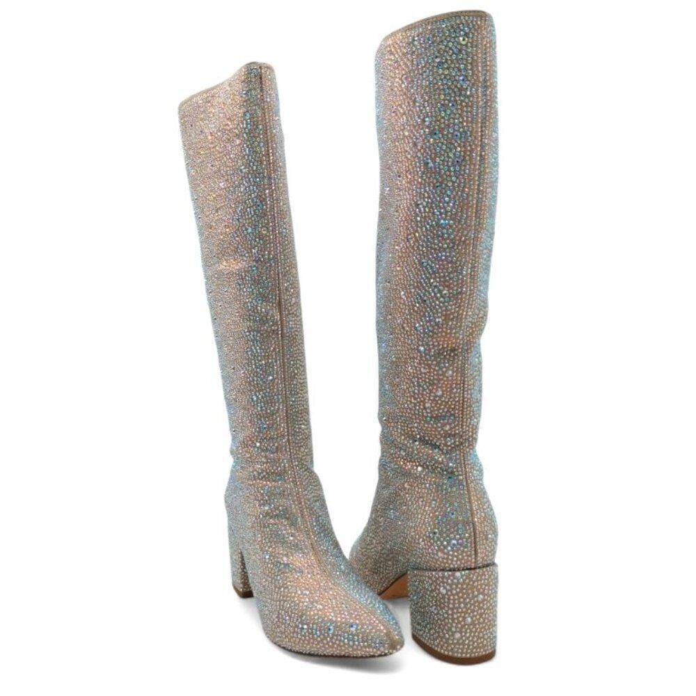 Wetkiss Women's Size 7 Iridescent Crystal Rhinestone Chunky Heel Knee High Boots - Picture 9 of 16
